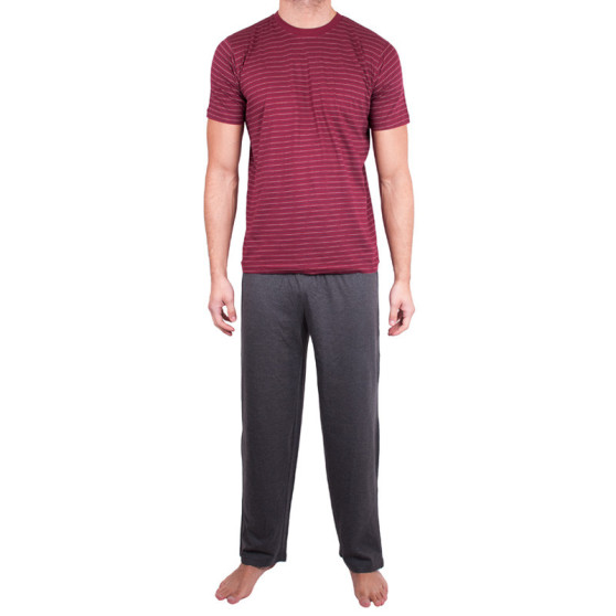 Pijama comprido para homem Molvy riscas cinzentas e vermelhas (KT-019)